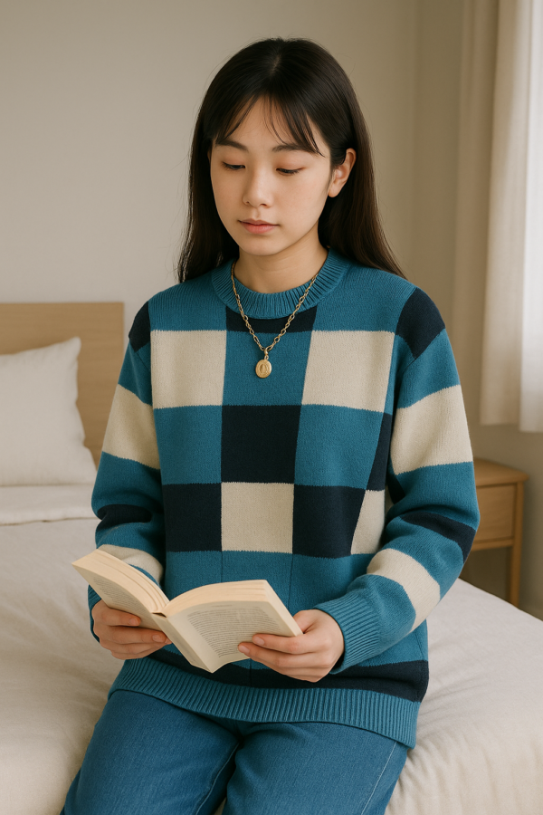 チェック柄 クルーネック オーバーサイズ ニットプルオーバー