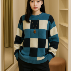 nit_004_003 チェック柄 クルーネック オーバーサイズ ニットプルオーバー