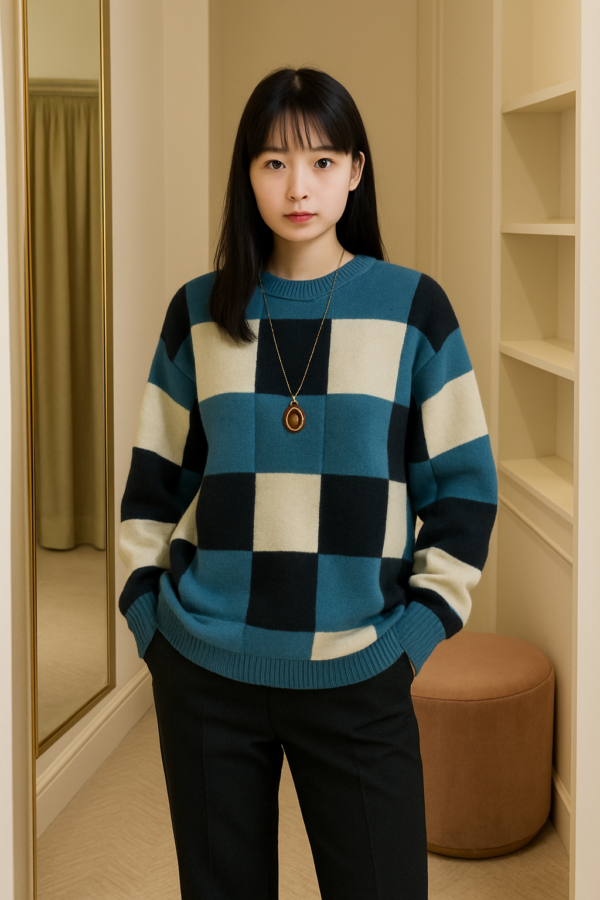 チェック柄 クルーネック オーバーサイズ ニットプルオーバー
