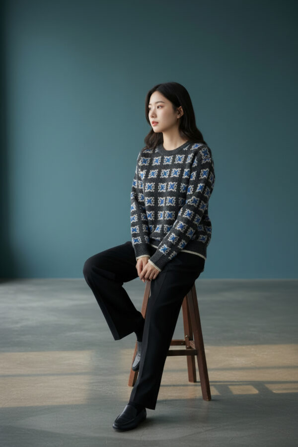 幾何柄 クルーネック ベーシック ニットプルオーバー