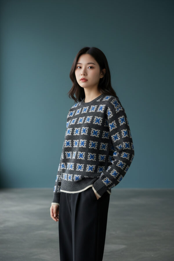 幾何柄 クルーネック ベーシック ニットプルオーバー